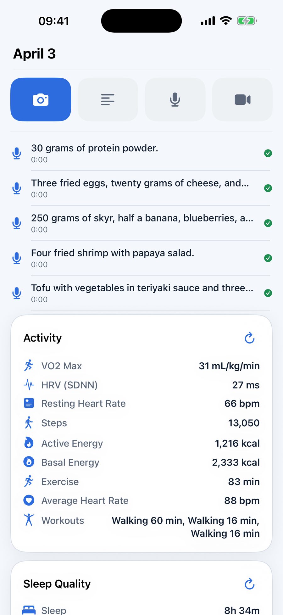Vitanzo iPhone screenshot showing a daily log with meal entries, voice notes, and Apple Health activity data.